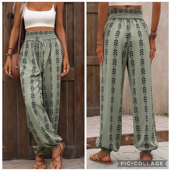 Pants - NWT SHEIN High-Waist Olive Green Aztec Printed Tapered Leg Pants Large